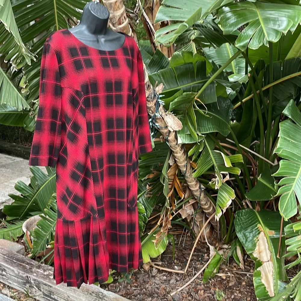 Tahari pleated plaid drop waist dress
